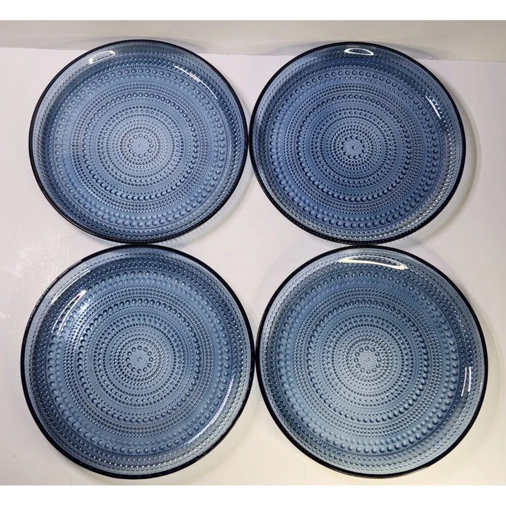 Set of 4 Iittala Kastehelmi Blue Rain Plates Oiva Toikka 9 5/8